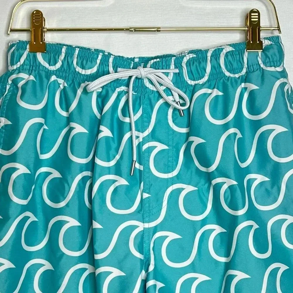 Southern Tide Swim Short Size Small  Wave Pattern Trunk Teal White
